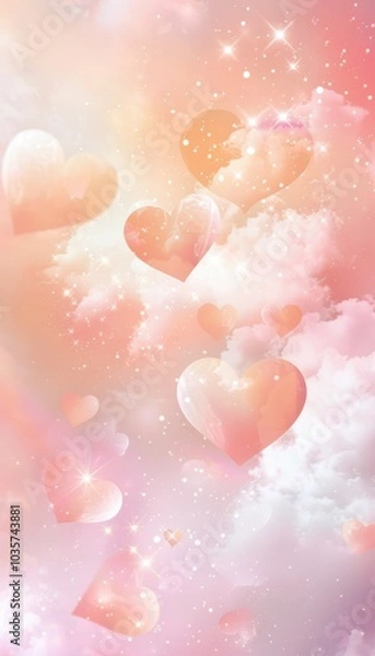 Fototapeta Dreamy Valentine's Day Background with Floating Heart-shaped Clouds and Gentle Light Sparkles