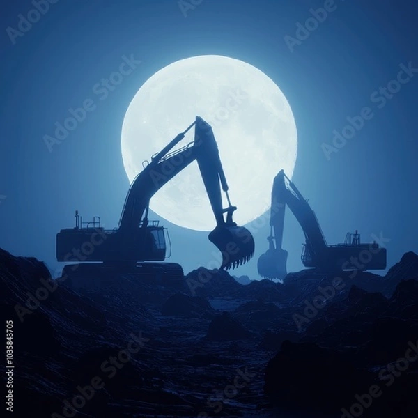 Fototapeta A surreal scene featuring silhouettes of excavators under a full moon, creating a dramatic and atmospheric nighttime landscape.