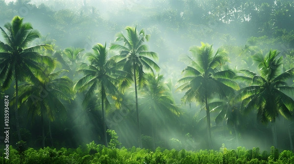 Fototapeta misty atmosphere of coconut trees plantation, coconut plantation on morning with serene sun light beams