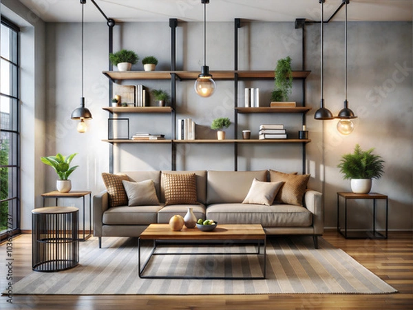 Fototapeta An industrial style living room with a minimalist approach