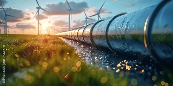 Fototapeta Stainless Steel Industrial Pipe in Front of Wind Turbines on Sunny Day for Green Hydrogen Production