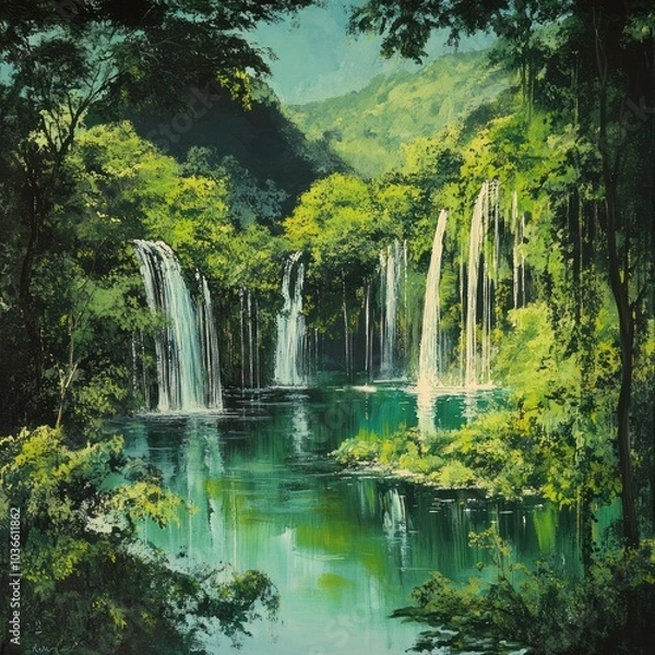 Fototapeta Lush green landscape with waterfalls