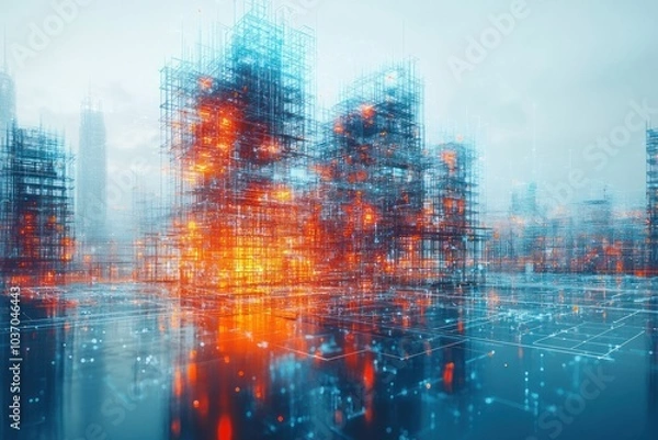 Fototapeta Futuristic cityscape with glowing structures and digital elements.