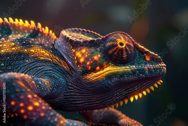 Fototapeta Chameleon Skin Photorealism: Symbolizing Business Adaptability with Glowing Corporate Symbols