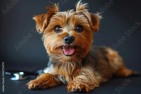 Fototapeta Dog and stethoscope isolated on black background. Little dog on reception at veterinary doctor. Generative AI