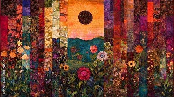 Fototapeta Vibrant Floral Quilt Art with Sunset Landscape