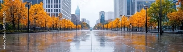 Fototapeta Autumn street lined with vibrant orange trees and modern buildings after rain.