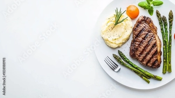 Fototapeta Elegant Dinner Concept with Grilled Steak, Mashed Potatoes, Asparagus, and Tomato on White Plate