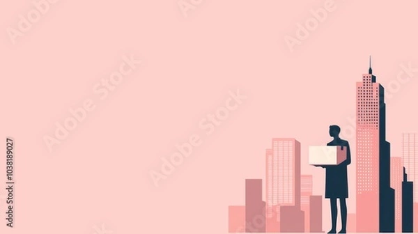 Fototapeta Illustration of Customer Journey Concept with Silhouette of Person Holding Package in Urban Cityscape Background