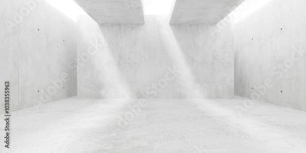 Fototapeta Abstract empty, modern concrete room with multiple ceiling openings and beams, central divider wall and rough floor - industrial interior background template