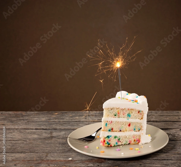 Fototapeta Slice of Birthday Cake with Sparkler