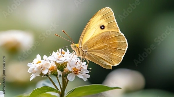 Fototapeta A delicate golden butterfly resting on a flower, golden butterfly, natural beauty