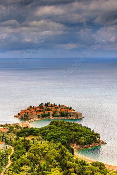 Fototapeta View of the peninsula of Sveti Stefan from the height of the mountains.