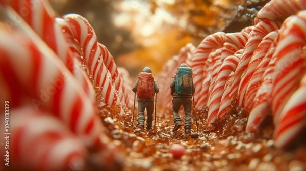 Fototapeta Candy Cane Forest Adventure, tiny explorers navigate a whimsical landscape filled with towering candy canes and sweet delights.