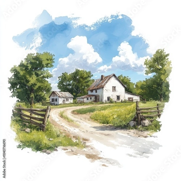 Fototapeta Charming country house surrounded by green fields and blue sky, white isolated background