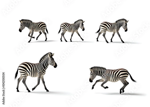 Fototapeta Six zebras in various positions on a white background- one running, one grazing, one standing still, one playing, one lying down, one trotting.