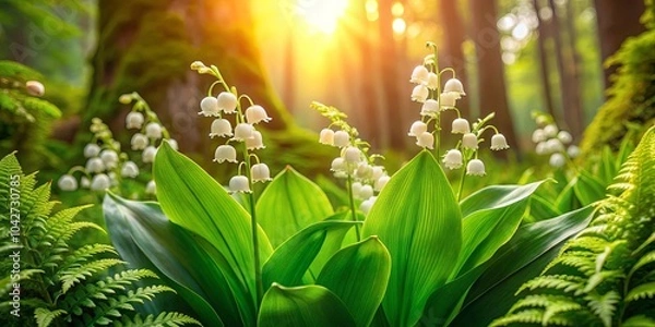 Fototapeta Sunlit Delicate Blossoms Amidst Lush Greenery and Fern Fronds