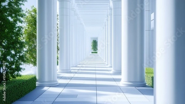 Fototapeta Serene Corridor with White Columns and Lush Greenery