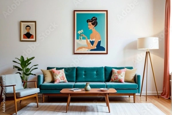 Fototapeta Mid-century living room interior design with a sofa, table, lamp, and a painting frame on the wall.