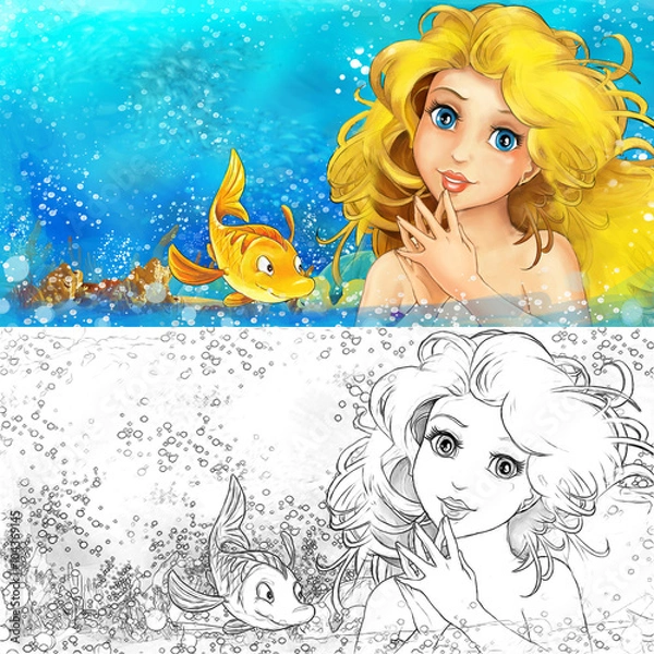 Obraz Cartoon marmaid in the sea - with coloring page - illustration for the children