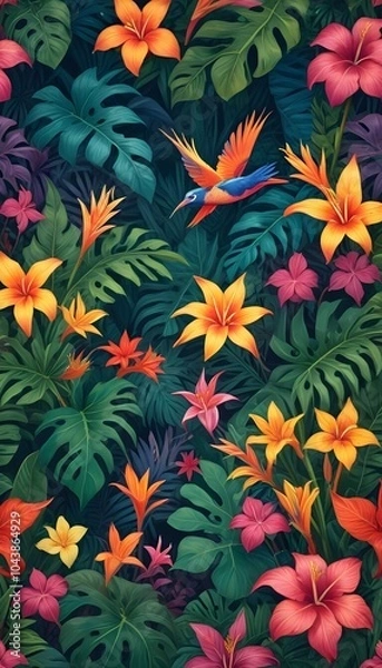 Fototapeta Tropical exotic pattern with animal and flowers in bright colors and lush vegetation