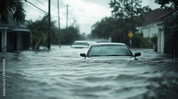 Fototapeta A car submerged in floodwater on a residential street.