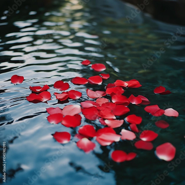 Fototapeta Red rose petals floating on a river. Valentine's Day concept.