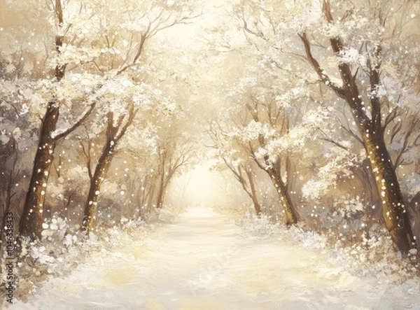 Fototapeta Serene Winter Forest Pathway with Glowing Tinsel Adorned Trees for Holiday Season Generative AI