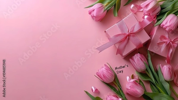 Fototapeta Pink tulips and gift boxes with a Mother's Day note on a pink background