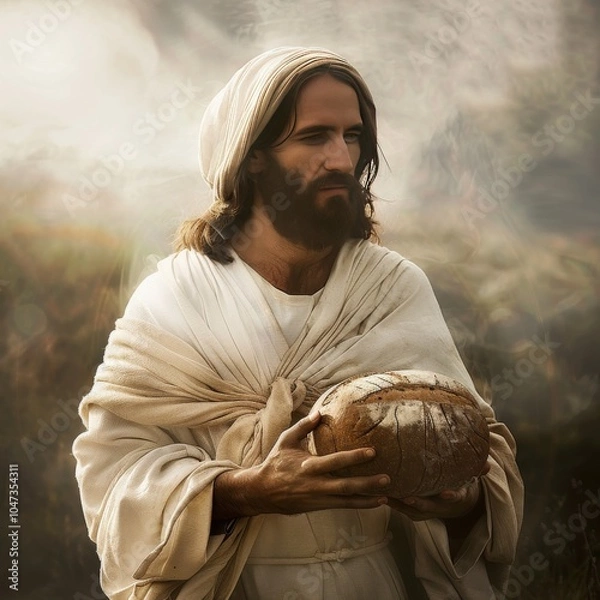 Fototapeta Jesus depicted holding a loaf of bread, symbolizing the Holy Communion, against a misty background