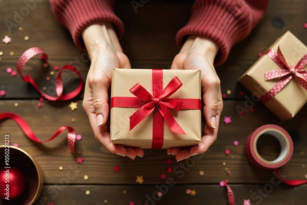 Fototapeta Hands holding gift box wrapped in kraft paper with red ribbon on wooden table surface with confetti. Top view. Christmas time to give presents, winter holiday, New Year season of gifts.