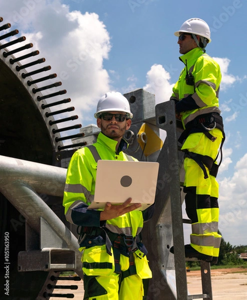 Fototapeta Maintenance engineer team standing at windmills at wind turbine farm. Skill people working outdoors at alternative renewable energy wind power station. Sustainable clean energy technology. Ecology