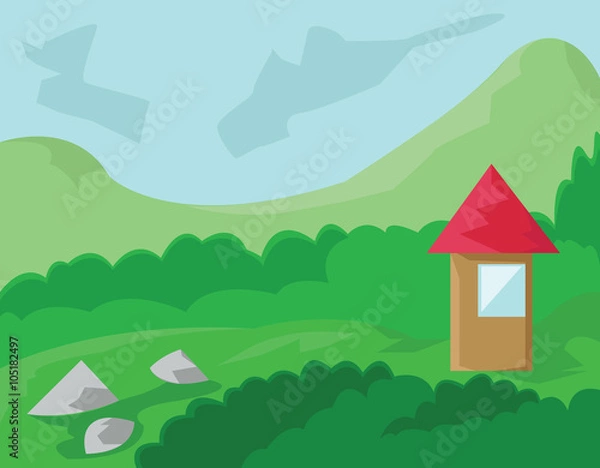 Fototapeta Small House with Red Roof in the Forest. Countryside View. Cloudy Sky and Green Hills with Rocks. Kids Book vector illustration. Digital background.