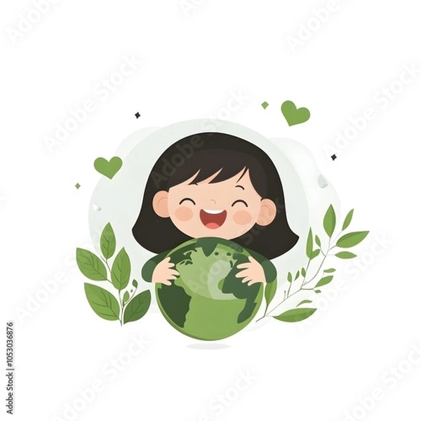 Fototapeta Young girl happily embracing the planet Earth  symbolizing environmental protection and a sustainable future