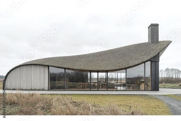 Fototapeta Modern curved house with wooden elements and open space blending nature and architecture in a minimalist countryside setting