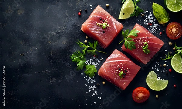 Fototapeta May 2  World Tuna Day , Fresh Tuna Steak with Parsley and Sea Salt on White Plate , AI GENERAT