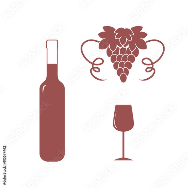 Fototapeta Stylized icon of a colored bottle of wine, wine glass and grapes