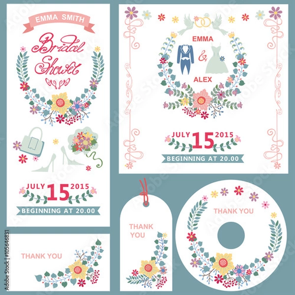 Fototapeta Wedding,bridal shower invitation cards set with floral decor