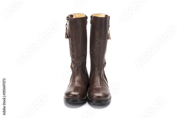 Fototapeta brown childrens leather zipped boot on a white background