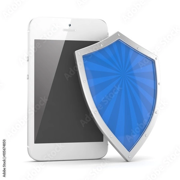 Fototapeta Smartphone and shield on white, security concept