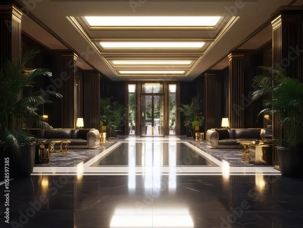 Fototapeta Elegant Art Deco Inspired Lobby Featuring Luxurious Gold Details and Timeless Design Elements