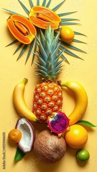 Fototapeta A vibrant array of tropical fruits, including pineapple, papaya, banana, dragon fruit, coconut, and citrus, are arranged on a yellow background