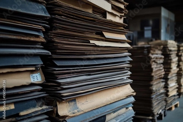 Fototapeta Stacks of aged files in an archive during early morning light. Generative AI