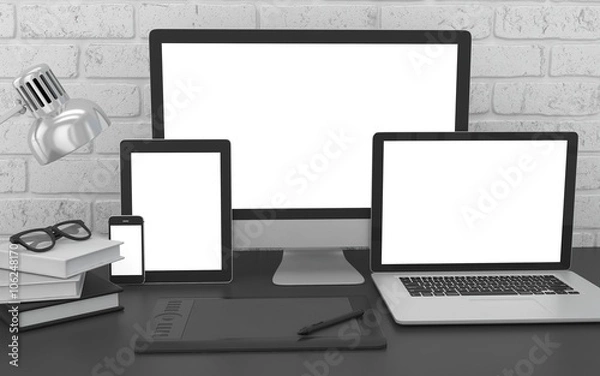 Obraz Responsive mockup screen. Monitor, laptop, tablet, phone on table in office.