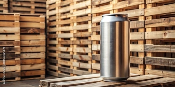 Fototapeta An empty beer can leaning against a stack of wooden crates with a few loose bottles nearby, bottles, wooden pallets