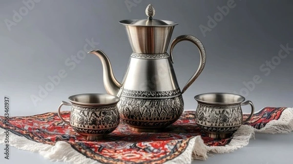 Fototapeta Decorative Metal Teapot and Cups on Textile Background