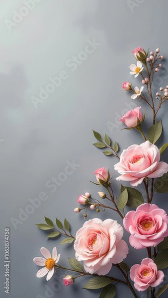 Fototapeta Beautiful Pink Flowers on the Right Edge of the Image - Frame, Biology, Background, Phone Wallpaper, Nature, Card, Celebration, Gift, Bouquet