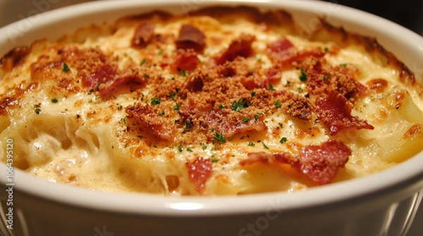 Fototapeta Creamy bacon potato gratin with melted cheese golden