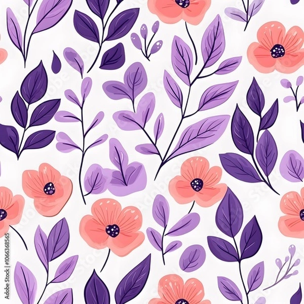 Fototapeta A seamless pattern with pink flowers and purple leaves on a white background.