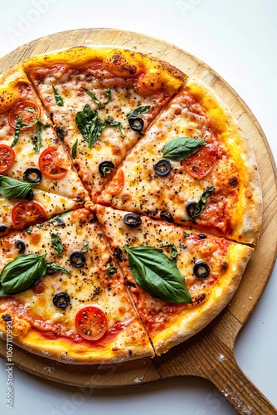 Fototapeta A pizza on a wooden cutting board with a slice missing